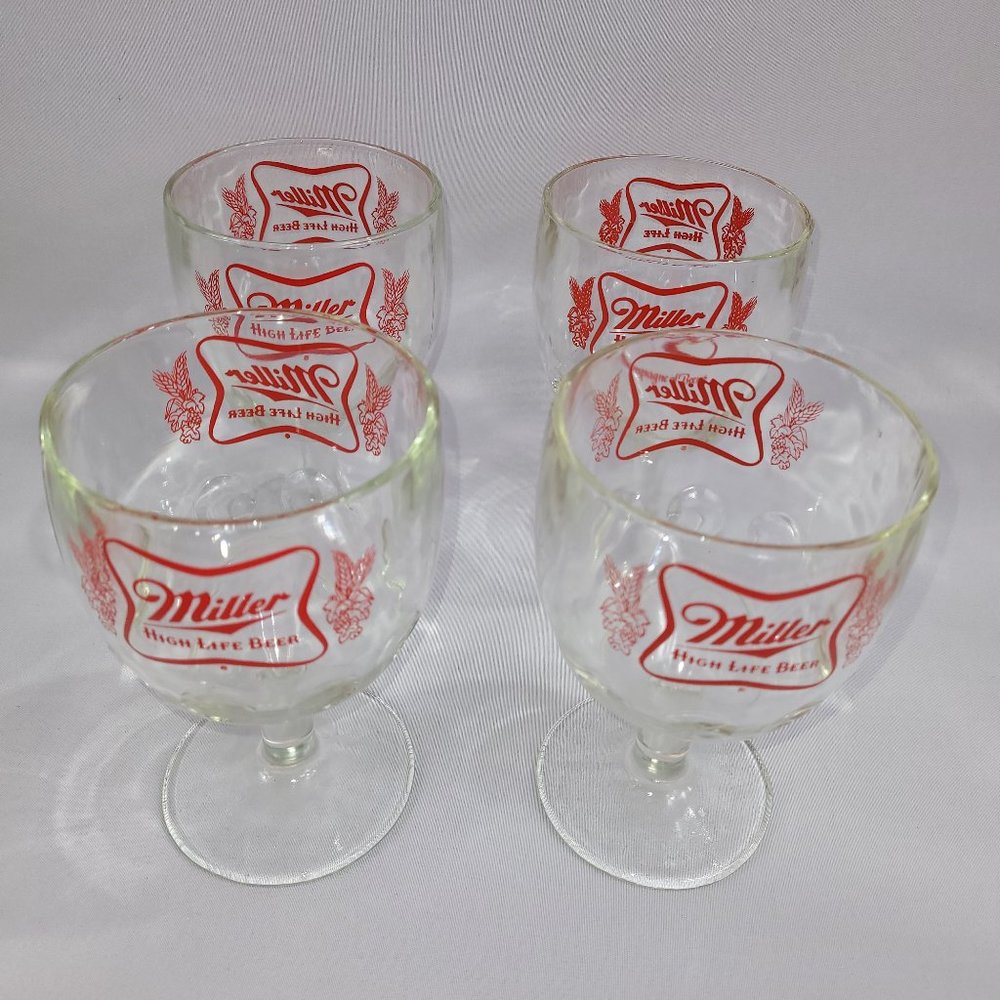 Miller High Life Vintage Beer Goblet Set 4 Mug 6.25" Carnival Glass 1970s Bar